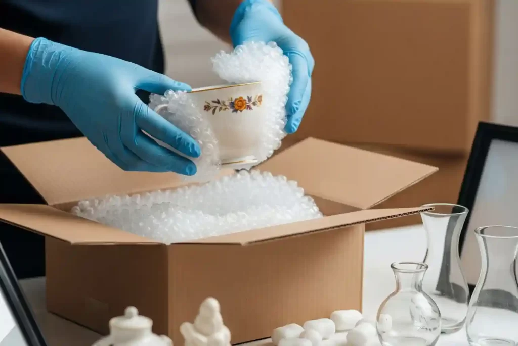 A person wearing blue gloves carefully wraps a delicate porcelain teacup with bubble wrap, preparing to place it into a moving box filled with packing peanuts.