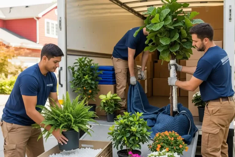 Professional movers carefully packing and loading potted plants into a moving truck.