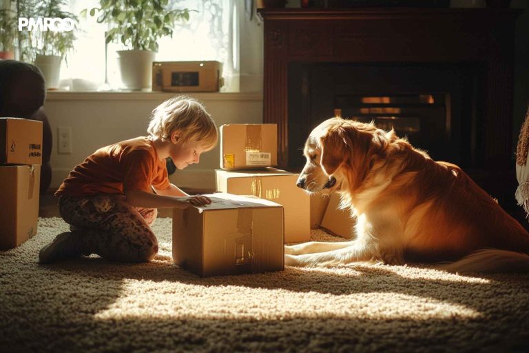 Family moving with kids and pets while packers and movers assist