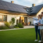 A couple stands on a lawn, looking at the solar panels on the roof of their new house.