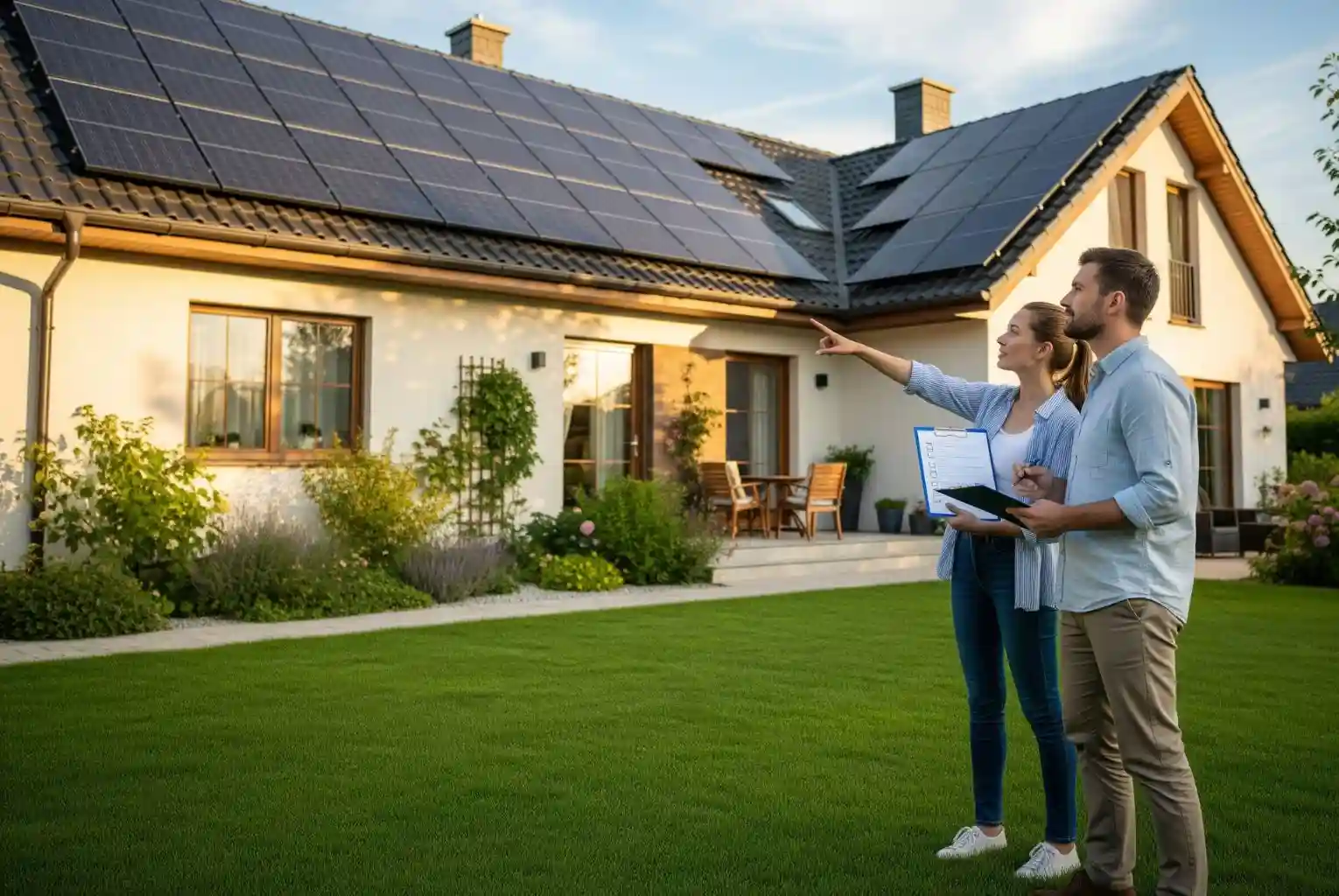 A couple stands on a lawn, looking at the solar panels on the roof of their new house.