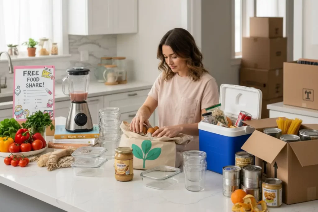 A person is packing food items and kitchenware into boxes and a cooler in a bright kitchen, with a "Free Food Share!" sign visible on the counter, suggesting preparation for a move while trying to avoid waste.