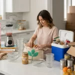 A person is packing food items and kitchenware into boxes and a cooler in a bright kitchen, with a "Free Food Share!" sign visible on the counter, suggesting preparation for a move while trying to avoid waste.