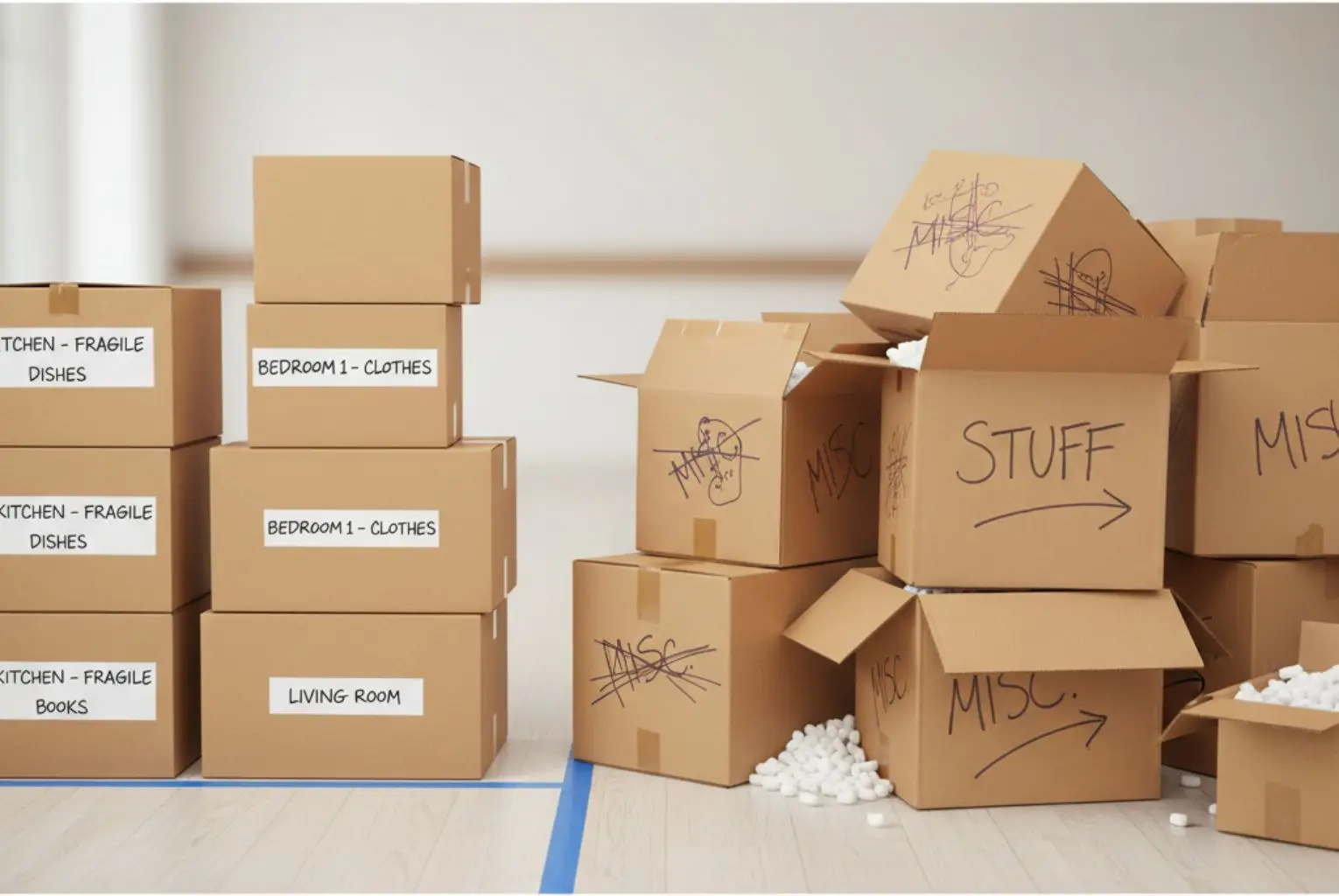 Boxes are neatly labeled with room names and contents, while a messy pile of boxes is haphazardly labeled with "stuff" and "misc."