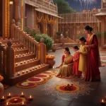 A family lights diyas and creates rangoli patterns for Diwali 2025, with fireworks illuminating the night sky over a beautifully decorated Indian home.