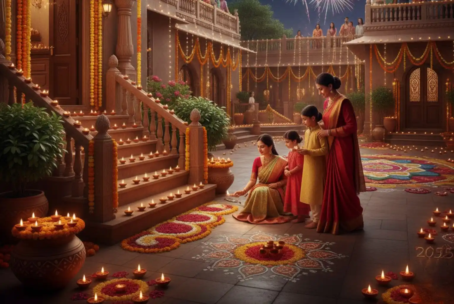A family lights diyas and creates rangoli patterns for Diwali 2025, with fireworks illuminating the night sky over a beautifully decorated Indian home.