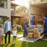 A moving team loads a truck while a family watches, representing a smooth intercity relocation.