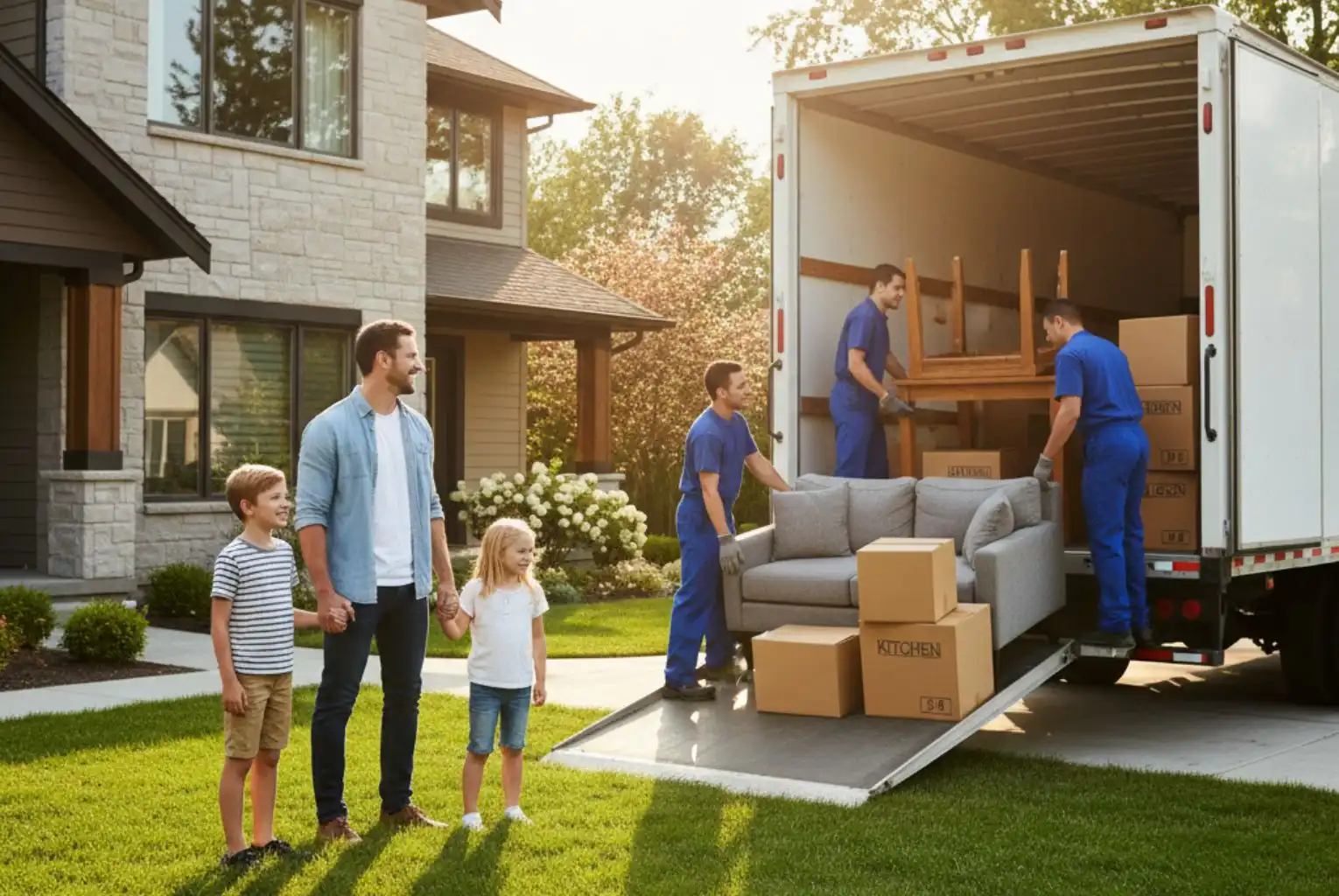 A moving team loads a truck while a family watches, representing a smooth intercity relocation.