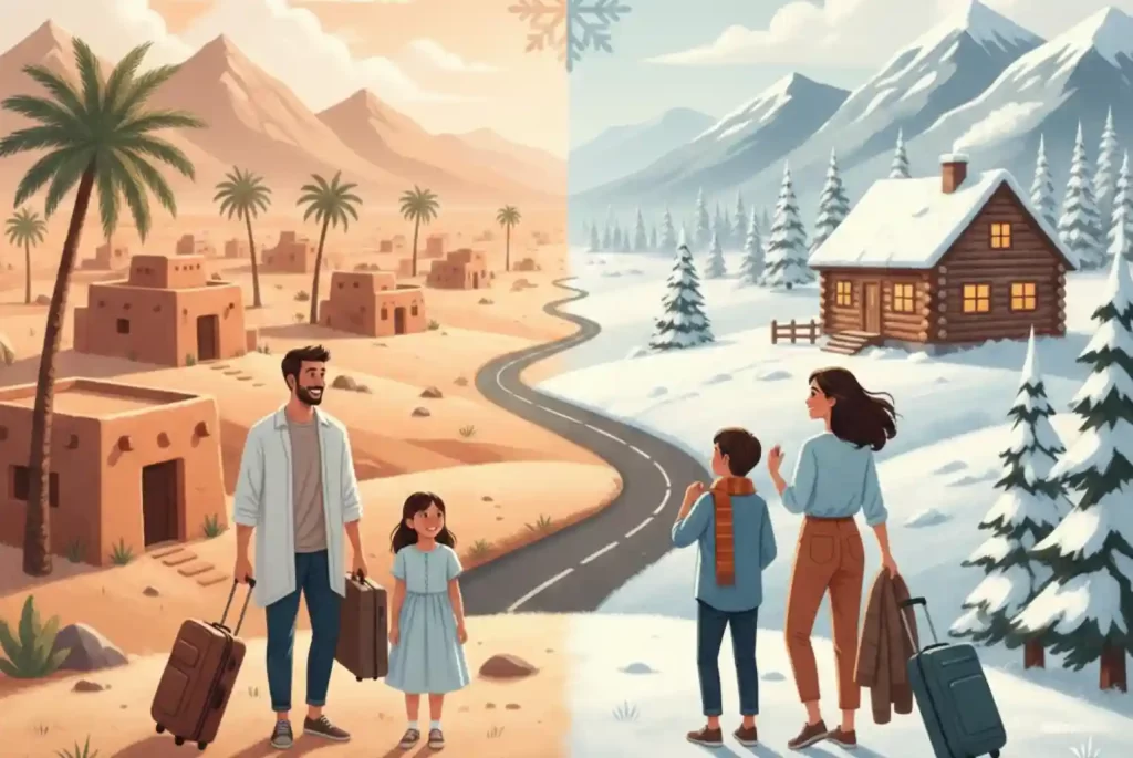 An illustration of a family of four split between two climates: one half shows a hot desert with palm trees and the other half shows a snowy mountain with a log cabin, representing the challenges of moving to a different climate.