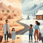 An illustration of a family of four split between two climates: one half shows a hot desert with palm trees and the other half shows a snowy mountain with a log cabin, representing the challenges of moving to a different climate.