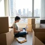 A person sitting on the floor of a new apartment surrounded by moving boxes, using a laptop and reviewing documents to complete an address change.