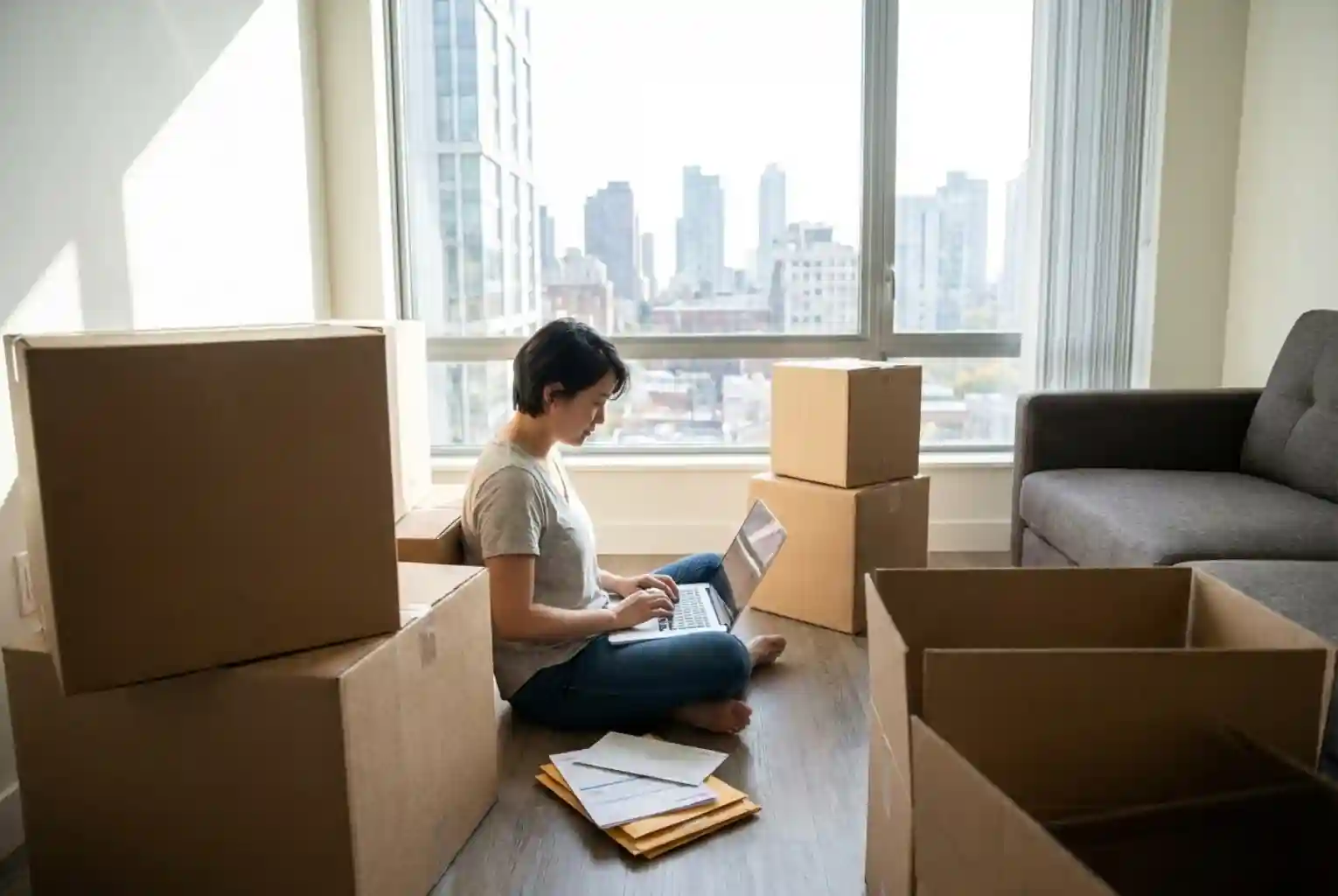 A person sitting on the floor of a new apartment surrounded by moving boxes, using a laptop and reviewing documents to complete an address change.