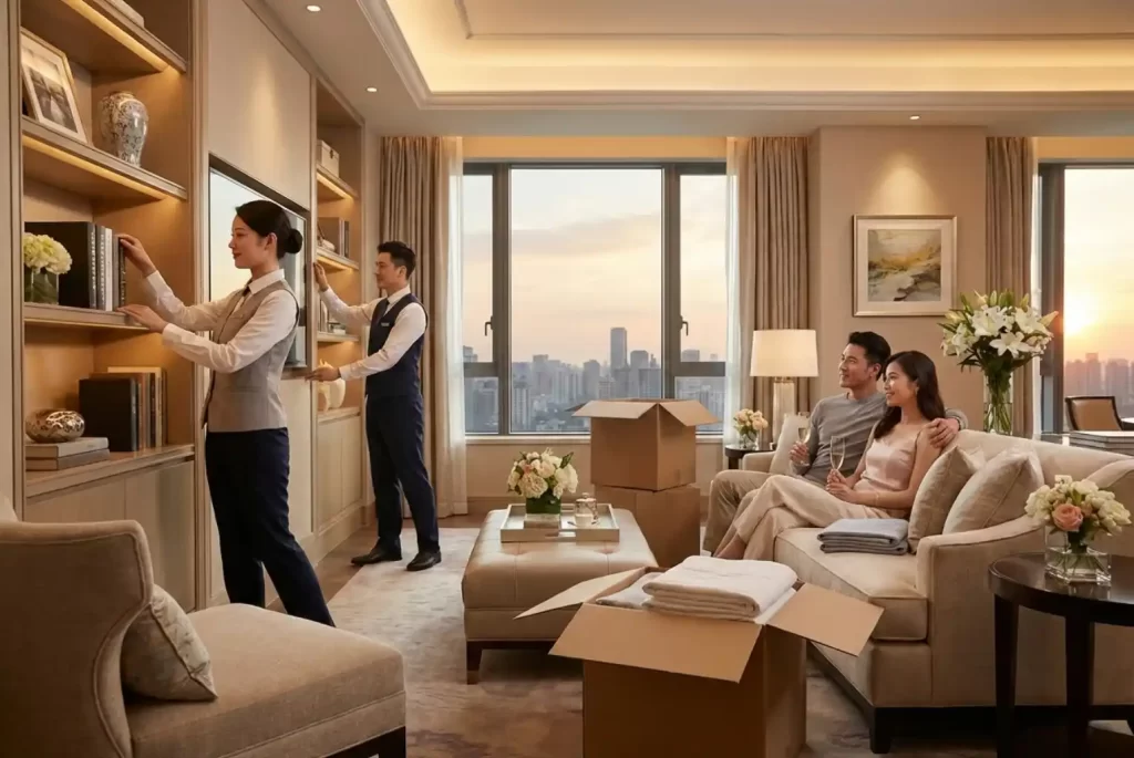 A luxury living room where a professional unpacking team meticulously organizes a bookshelf and linens while a relaxed couple enjoys a glass of champagne during sunset.