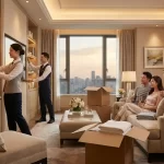A luxury living room where a professional unpacking team meticulously organizes a bookshelf and linens while a relaxed couple enjoys a glass of champagne during sunset.