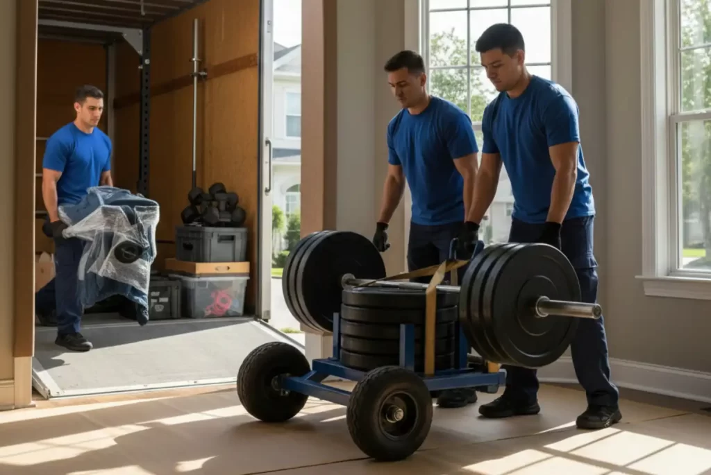 Professional movers transporting heavy gym equipment through a doorway using a specialized dolly and floor protection.
