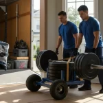 Professional movers transporting heavy gym equipment through a doorway using a specialized dolly and floor protection.