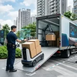 A futuristic moving scene in a modern city where a professional mover uses a holographic interface to direct an autonomous robot carrying boxes. Inside a high-tech moving truck, a robotic arm organizes cargo, while another mover wears a powered exoskeleton to easily carry a chair.