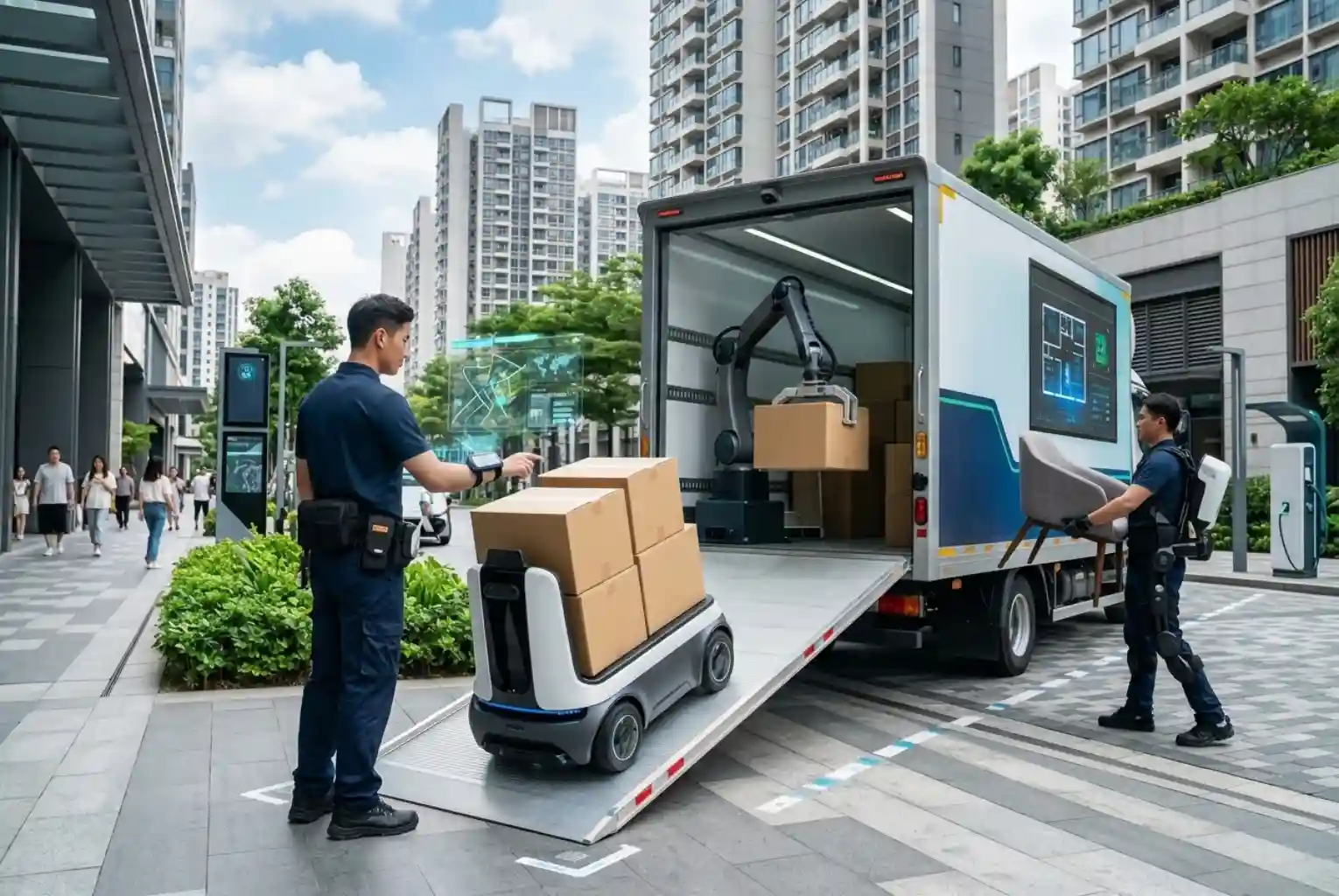 A futuristic moving scene in a modern city where a professional mover uses a holographic interface to direct an autonomous robot carrying boxes. Inside a high-tech moving truck, a robotic arm organizes cargo, while another mover wears a powered exoskeleton to easily carry a chair.