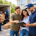 Couple discussing relocation plans with a professional moving company outside their new home.