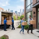 A smiling couple carries boxes towards their new townhouse, with a moving truck being unloaded by professional movers and a city skyline in the background. The mood is positive and organized.