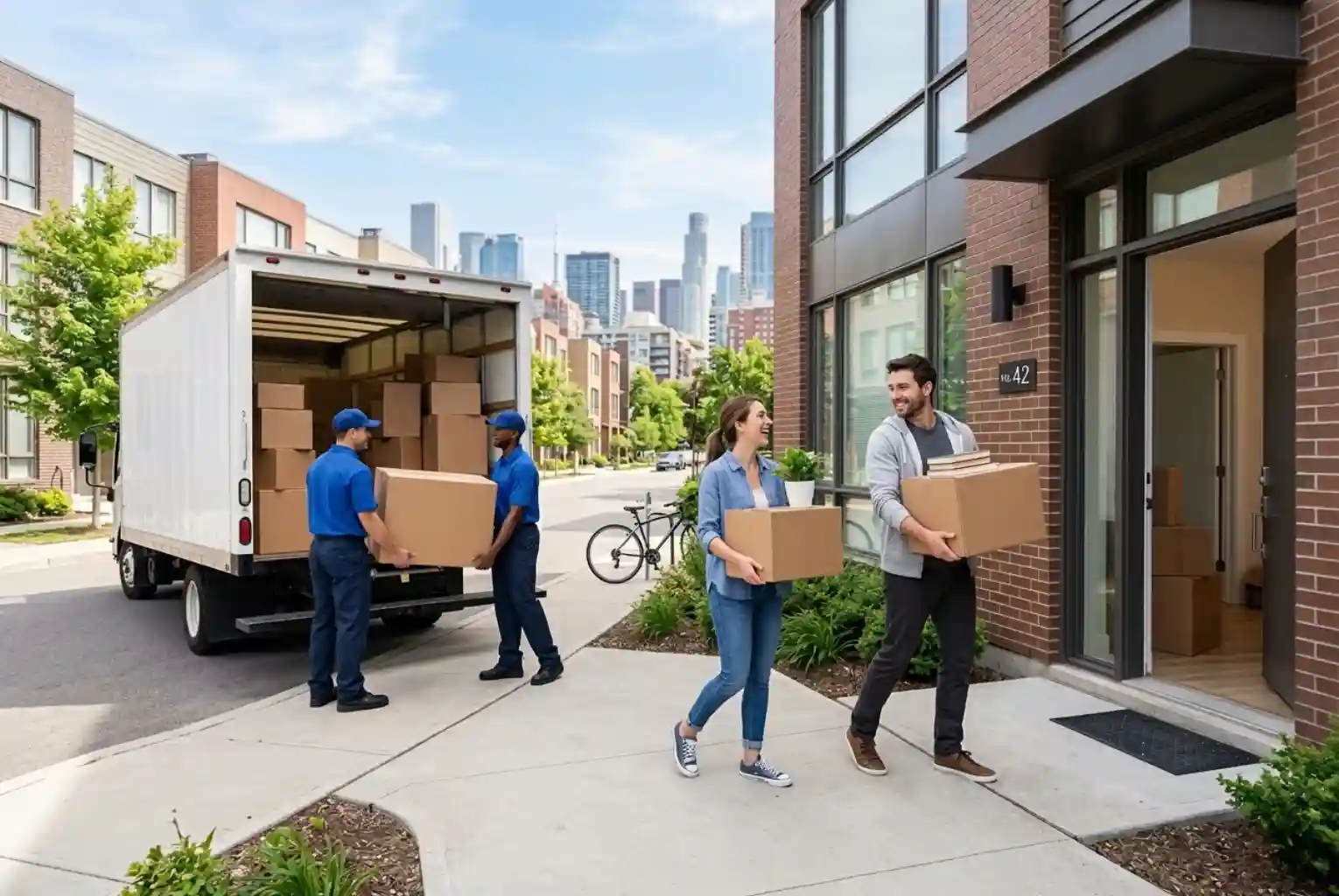 A smiling couple carries boxes towards their new townhouse, with a moving truck being unloaded by professional movers and a city skyline in the background. The mood is positive and organized.