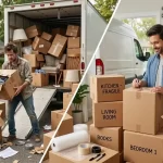 Comparison image showing common moving mistakes in 2025 with messy packing and disorganized boxes versus a well-planned and labeled moving process in 2026.