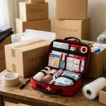 An open red first aid kit filled with bandages and medical supplies sitting on a wooden table surrounded by cardboard moving boxes and packing materials.