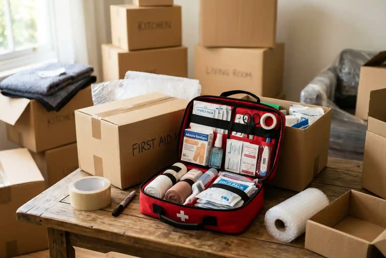 An open red first aid kit filled with bandages and medical supplies sitting on a wooden table surrounded by cardboard moving boxes and packing materials.
