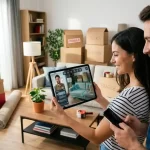 Couple using a tablet for a virtual moving survey while surrounded by packed boxes at home