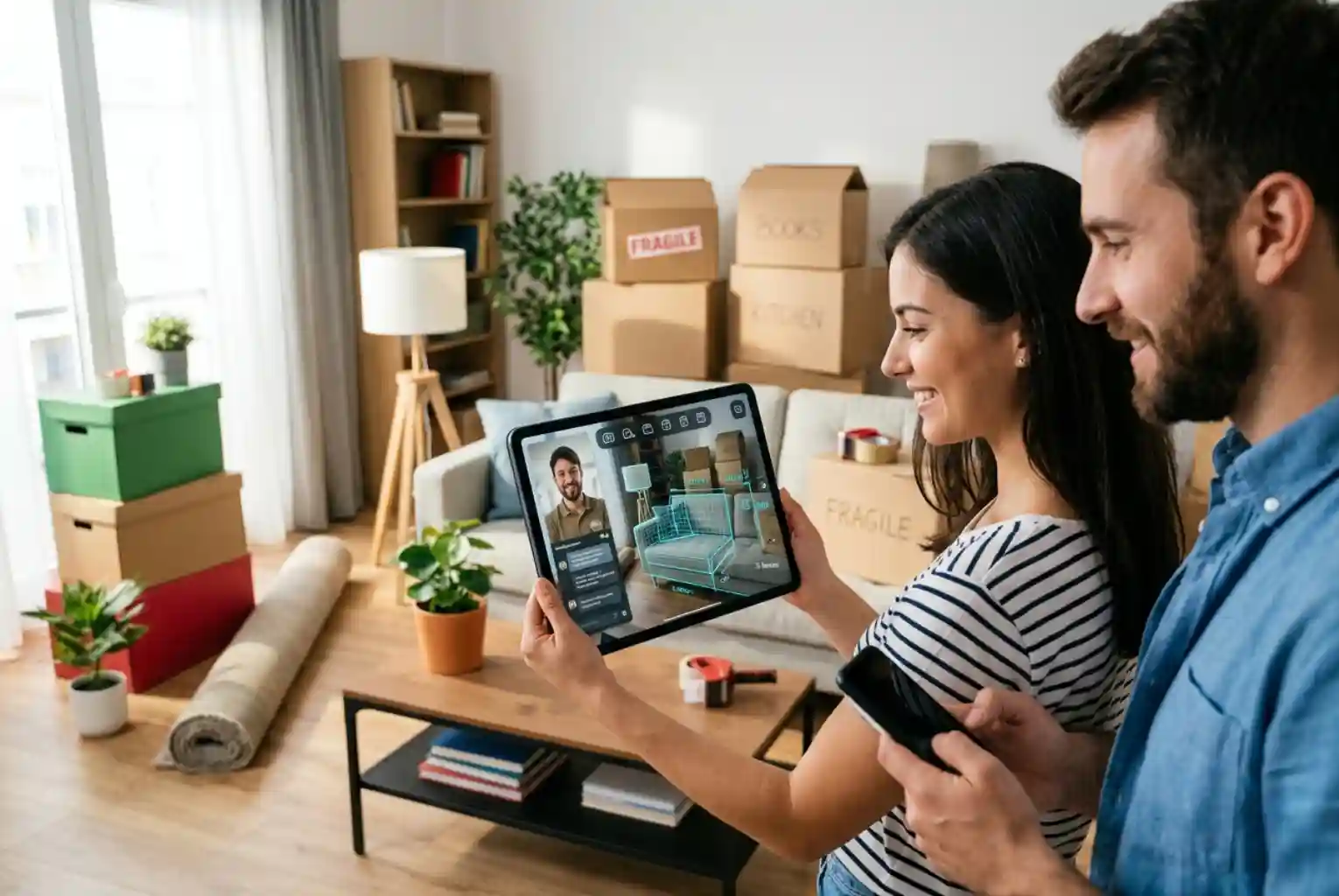 Couple using a tablet for a virtual moving survey while surrounded by packed boxes at home