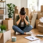 A person sitting among packed cardboard boxes and moving supplies, organizing belongings and managing moving day stress during a home relocation.