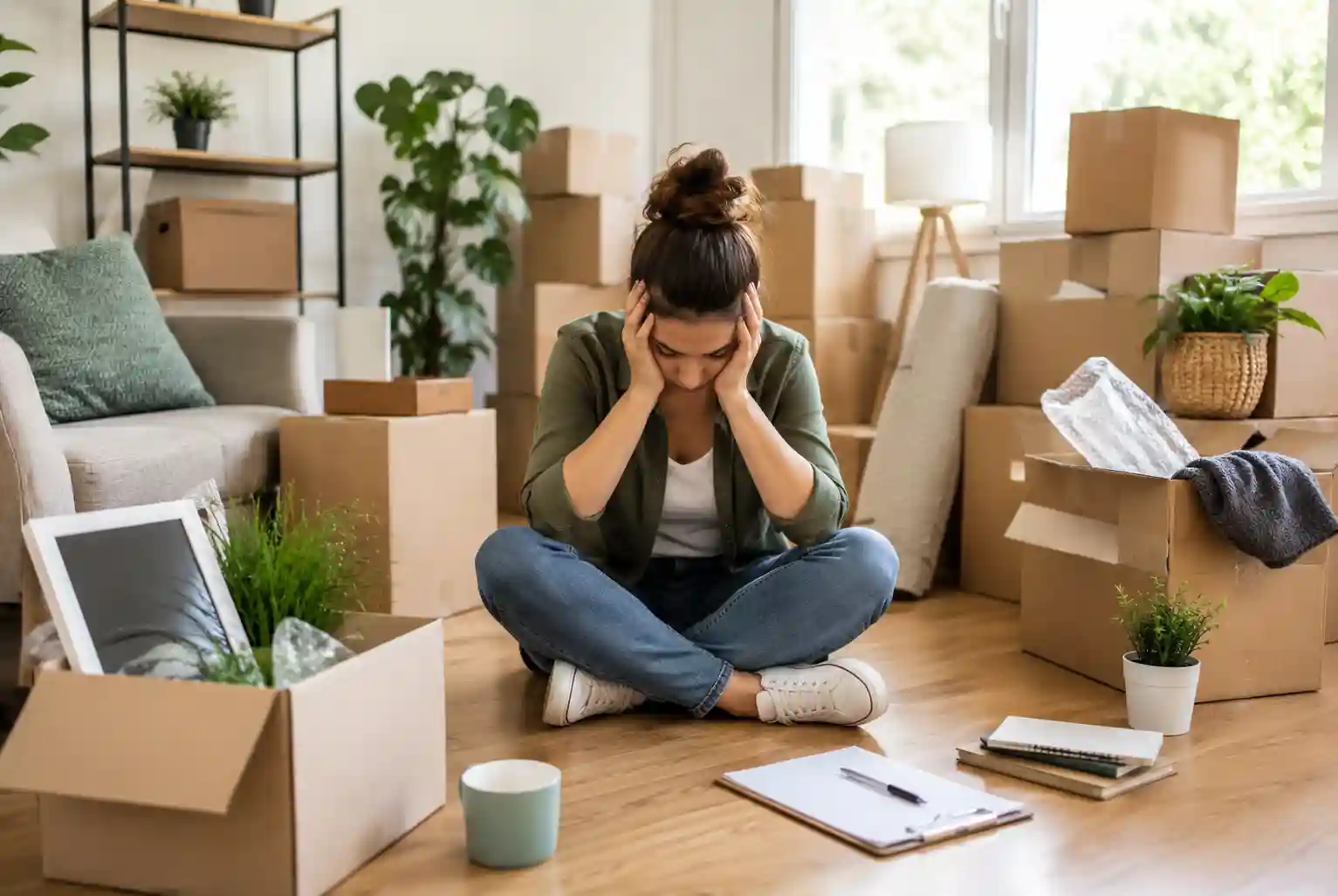 A person sitting among packed cardboard boxes and moving supplies, organizing belongings and managing moving day stress during a home relocation.