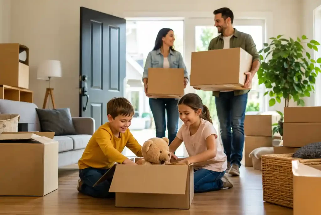 Moving With Kids family unpacking boxes in a new home to help children adjust smoothly
