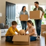 Moving With Kids family unpacking boxes in a new home to help children adjust smoothly