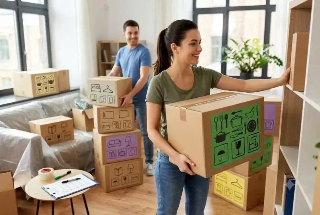 A smiling woman carries a moving box labeled with color-coded kitchen icons inside a bright home.