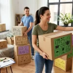 A smiling woman carries a moving box labeled with color-coded kitchen icons inside a bright home.