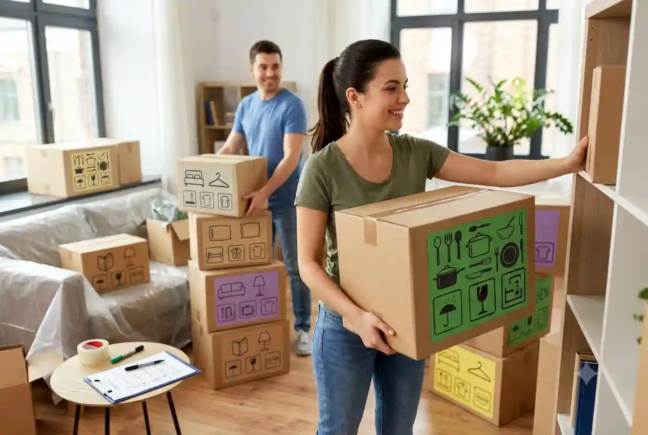 A smiling woman carries a moving box labeled with color-coded kitchen icons inside a bright home.