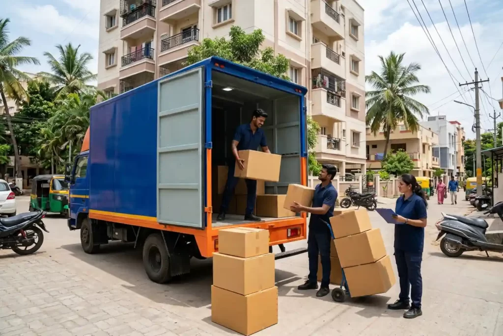 Professional movers loading cardboard boxes into a moving truck, illustrating reliable relocation services in India.