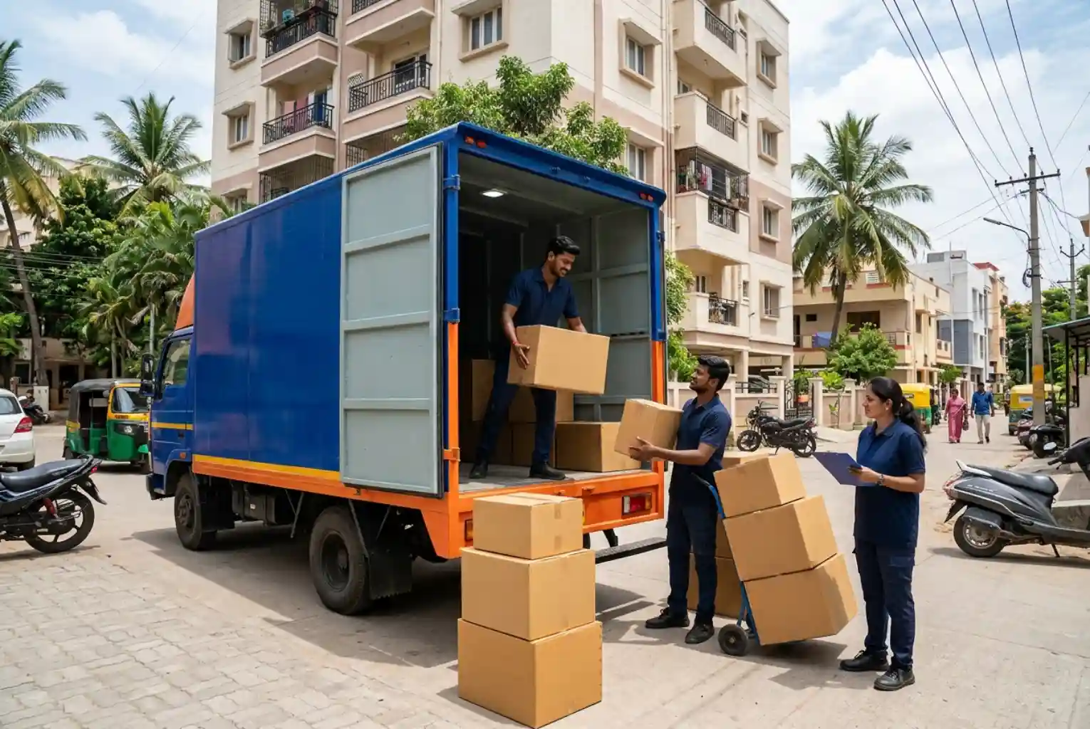 Professional movers loading cardboard boxes into a moving truck, illustrating reliable relocation services in India.