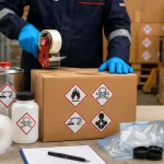 Worker securely packing and labeling hazardous materials with safety labels in a warehouse for safe transportation and regulatory compliance.