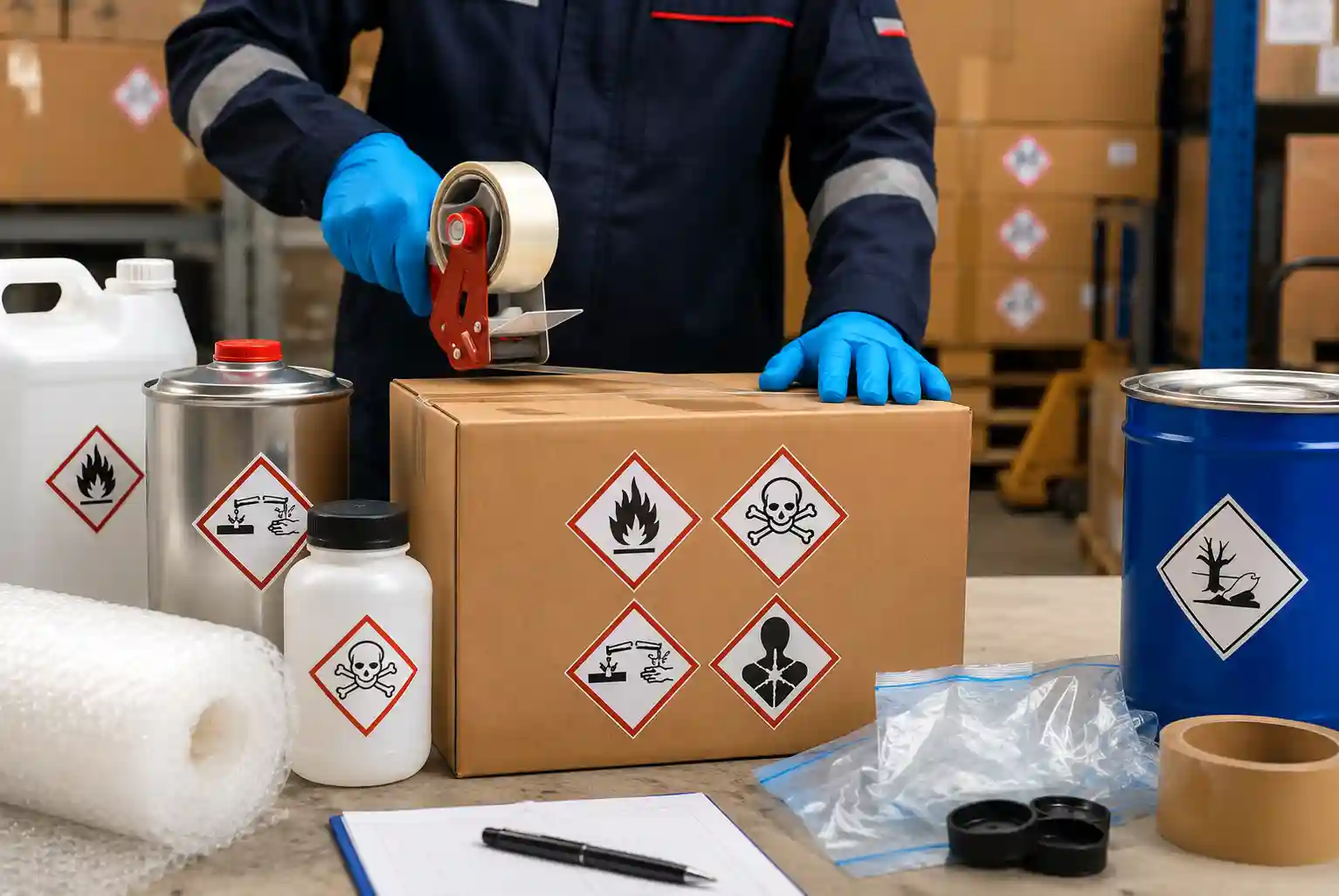 Worker securely packing and labeling hazardous materials with safety labels in a warehouse for safe transportation and regulatory compliance.