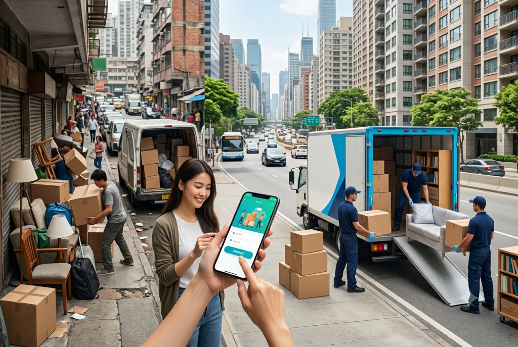 A split-screen view contrasting a chaotic, disorganized street scene of traditional moving on the left with a calm, organized modern move facilitated by a smartphone app on the right.