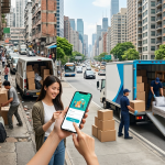 A split-screen view contrasting a chaotic, disorganized street scene of traditional moving on the left with a calm, organized modern move facilitated by a smartphone app on the right.