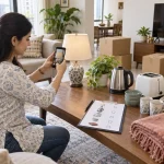 A woman photographs belongings beside a Household Moving Inventory checklist and moving boxes.