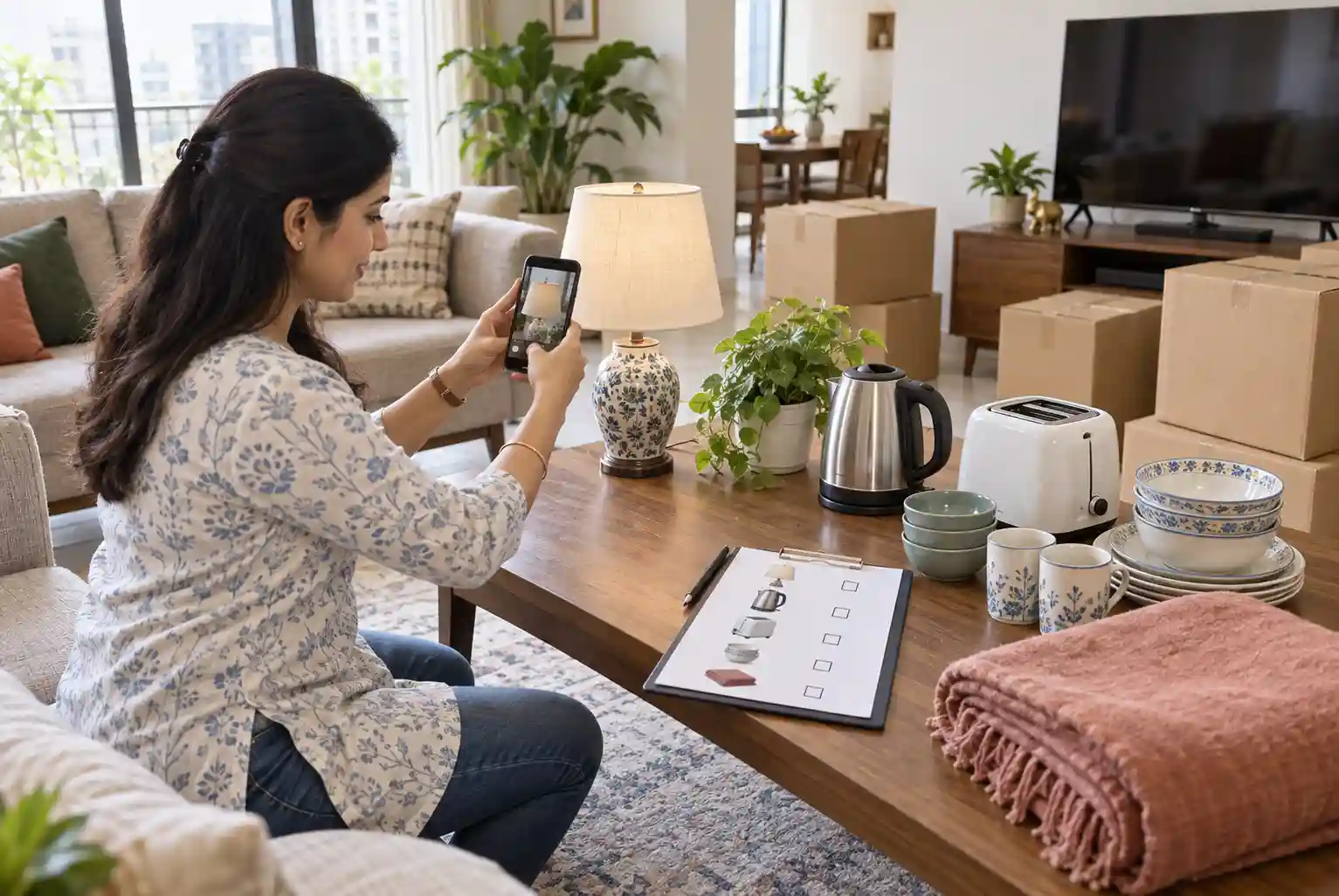 A woman photographs belongings beside a Household Moving Inventory checklist and moving boxes.