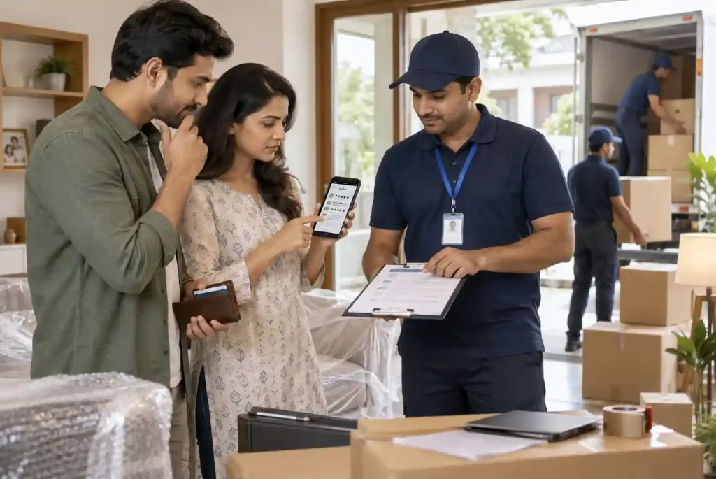 Couple reviewing documents with a moving professional to verify packers and movers in India before paying an advance.