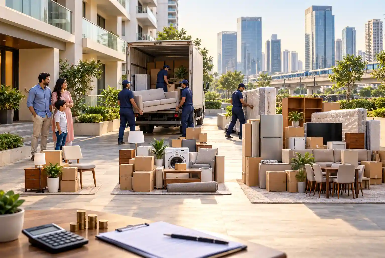 Packers and Movers Charges in Gurgaon 2026 for 1, 2 & 3 BHK home shifting, showing professional movers loading household furniture, appliances, and packing boxes into a moving truck.